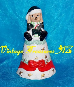 Image for Dog/Puppy Santa Claus Suit Holding Candy Cane Dinner Bell Figural Bisque Christmas Holidays Table Decor Red Gift Bow Garlands Holly Berries Gold Stars <b><span style='color:red'> USPS PRIORITY MAIL SHIPPING INCLUDED – DOMESTIC ORDERS ONLY!</span></b><span style='color:purple'>